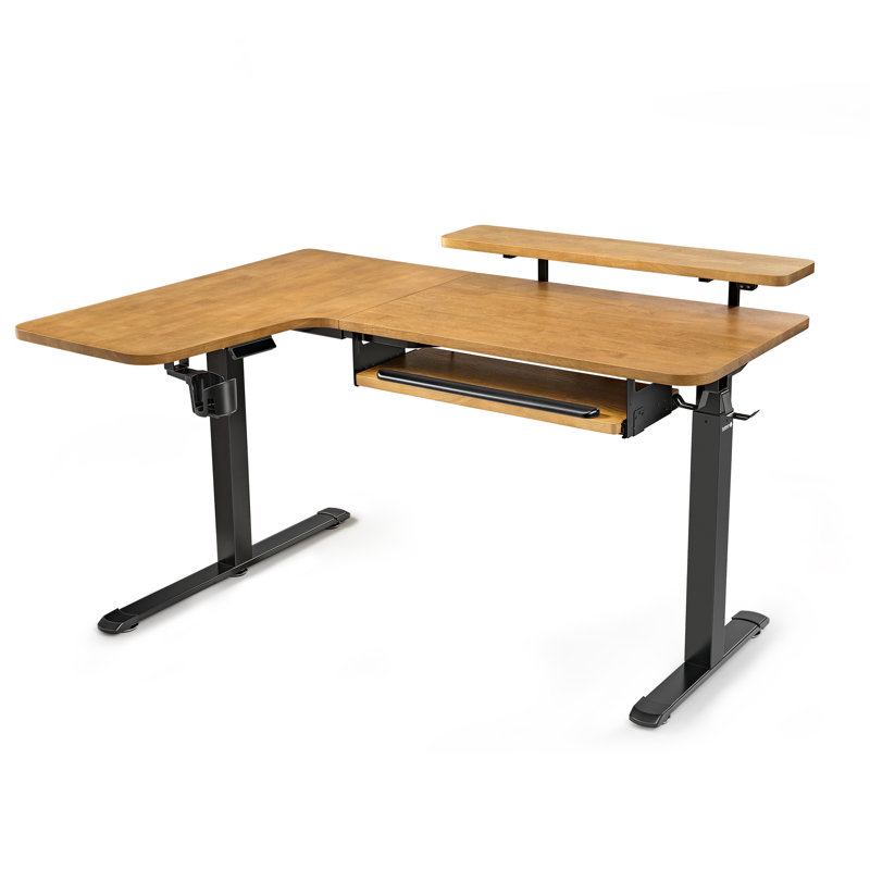 Bureau en bois massif moderne à hauteur réglable en L en bois massif, Retour à gauche, Brown/Black