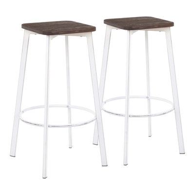 Tabouret de bar carré en métal blanc rétro et bambou grain de bois pressé espresso - ensemble de 2