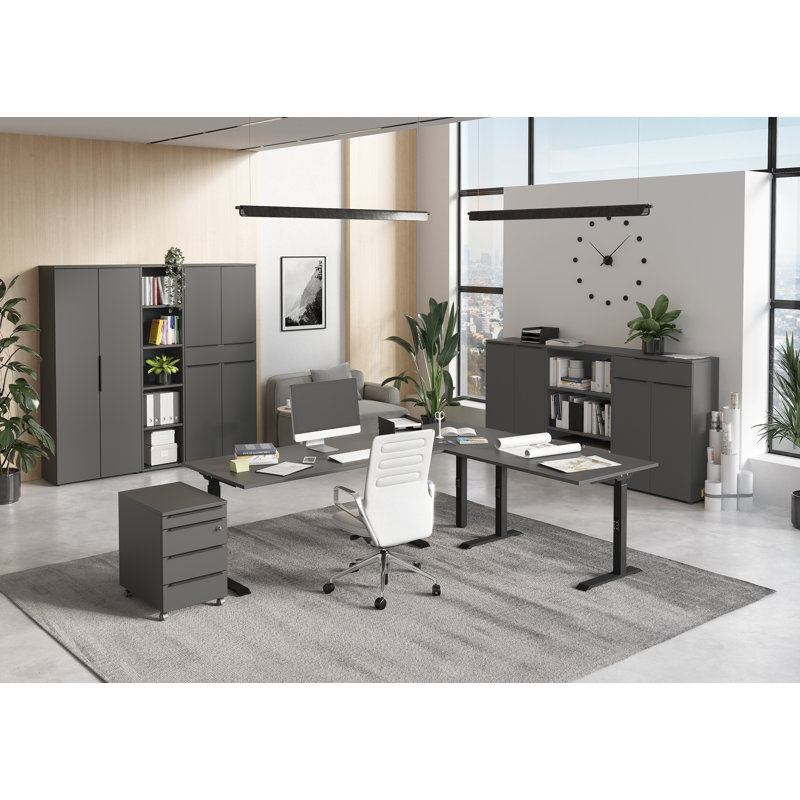 Mastandrea Adjustable L-Shaped Metal Base Standing Desk, Graphite, 91cm H x 240cm W x 200cm D