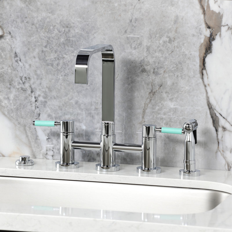 Kingston Brass Kaiser Two-Handle 4-Hole Deck Mount Bridge Kitchen Faucet with Brass Side Sprayer, Polished Chrome