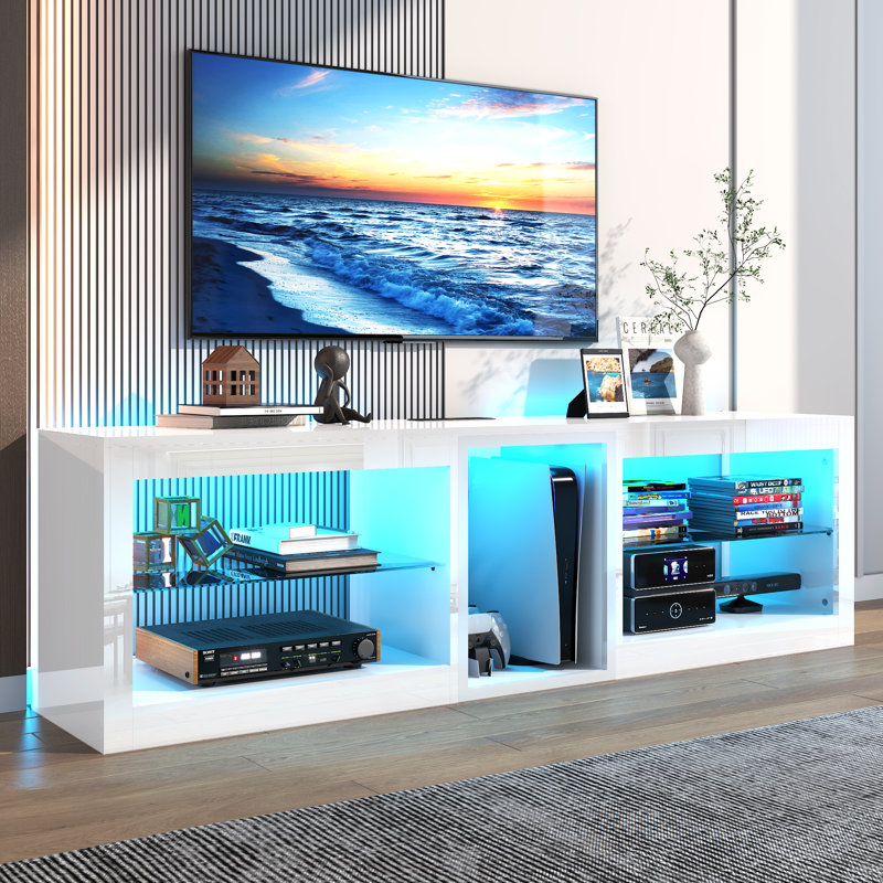 63'' Modern High-Gloss LED TV Stand for 65/70in TVs with Power Outlets, Adjustable Shelves, PS5 Compatible, White, 63" W