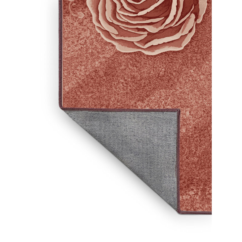 Tapis abstrait moderne et contemporain Tysen Valentines lavable à la machine en brun - reliure rose, 7 x 9