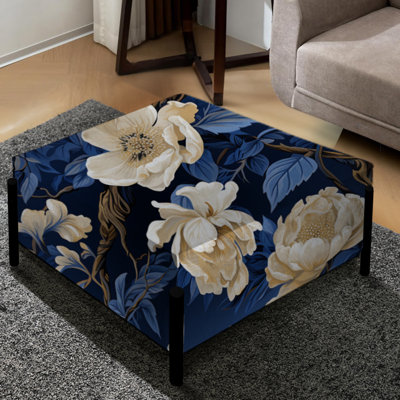 Grand repose-pieds carré floral à motif victorien bleu cobalt