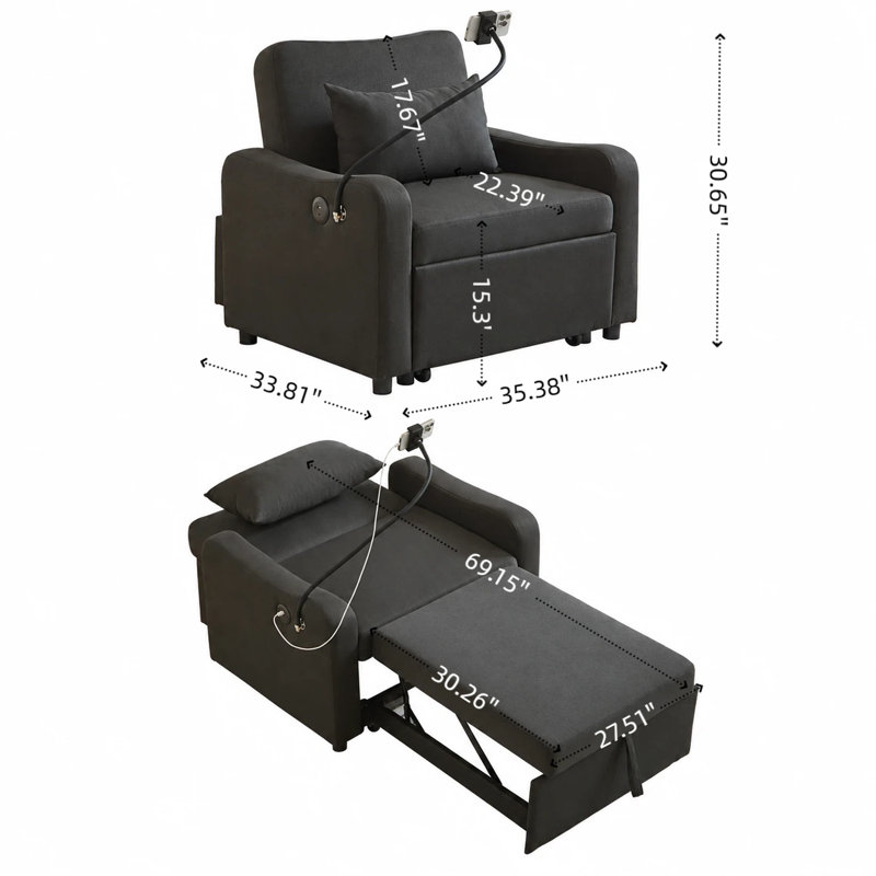 Canapé-lit multifonctionnel 3 en 1 noir avec dossier réglable, support pour téléphone et port USB-C ; convient aux salons, chambres et petits appartements.