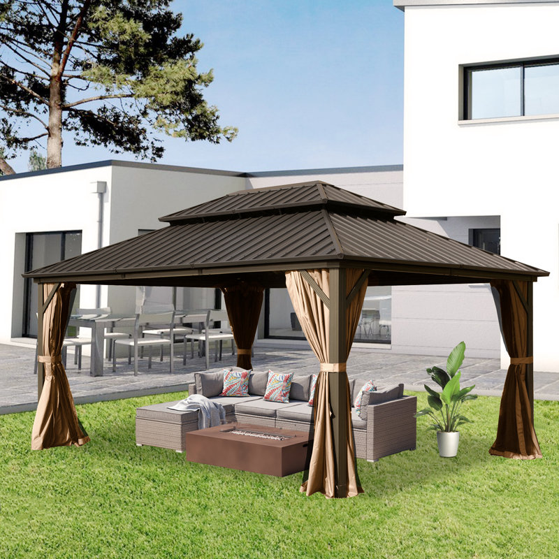 Galvanized Steel Patio Gazebo with Overhang Slope-design Double Roof, 14 ft x 10 ft, Brown