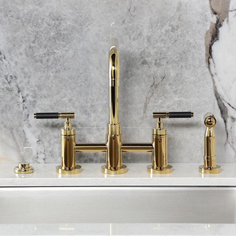 Kingston Brass Kaiser Two-Handle 4-Hole Deck Mount Bridge Kitchen Faucet With Brass Sprayer, Polished Brass