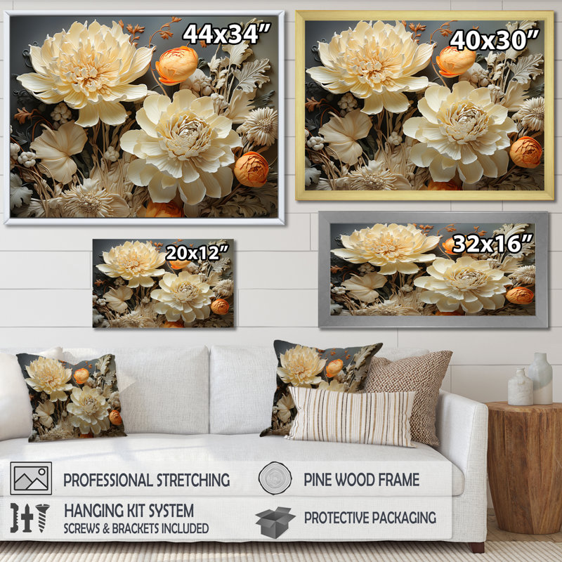 Ivoire floral complexe sur toile, Toile tendue, H 12 po x l 20 po x P 1 po