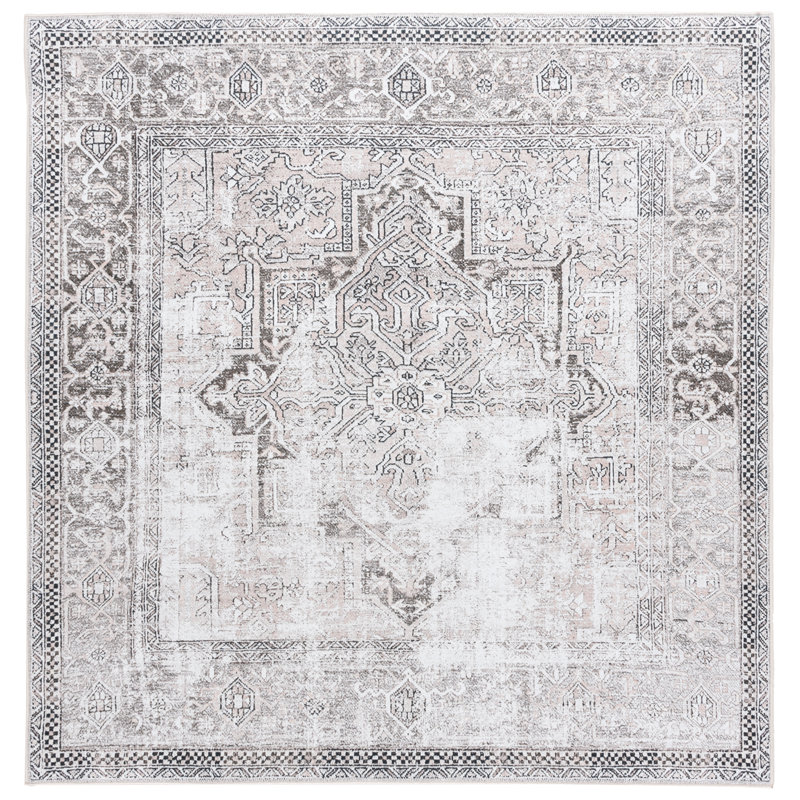 Tapis de style sud-ouest en velours / feutre Wajahat Orlando lavable à la machine en taupe / beige, Carré 6 pi 7 po