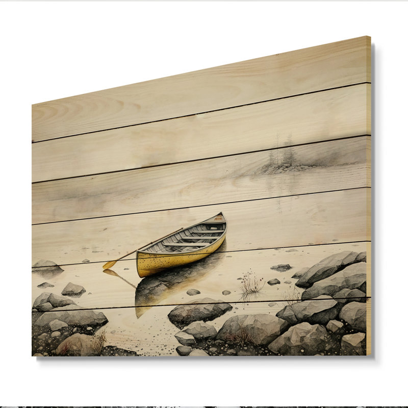 Canot jaune sur le lac II - impression sans cadre sur bois, H 12 po x l 20 po x P 1 po
