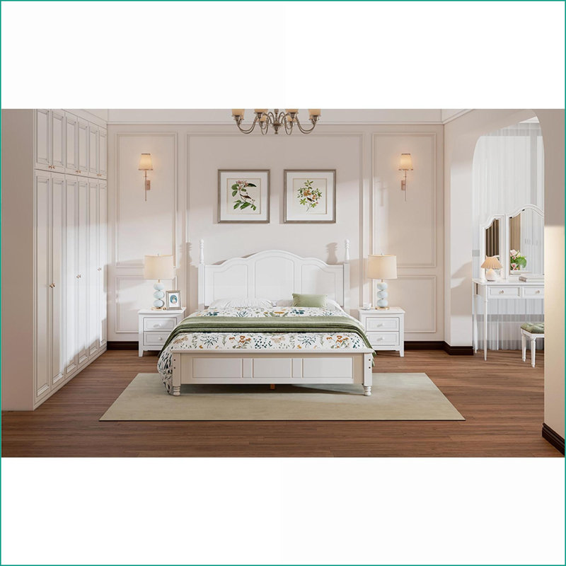 Ensemble de chambre à coucher, 3 pièces grand blanc rétro avec 2 tables de chevet | Bois | Blanc