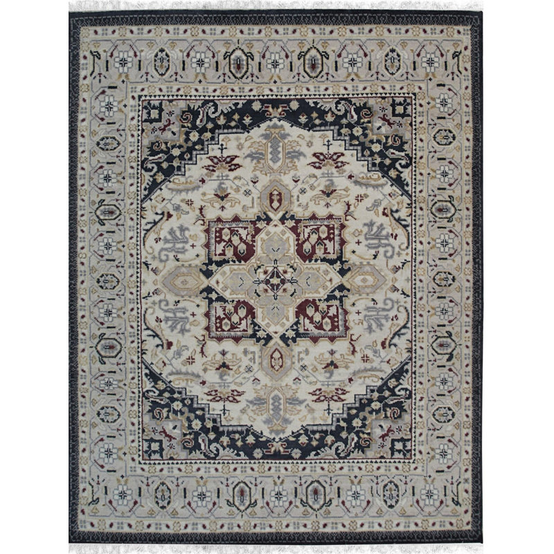 Ivory Hand-Knotted Wool Framed Medallion Modern Geometric  Contemporary Carpet Rug, 10' x 14'