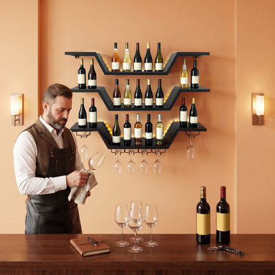 Wall-mounted Wine Rack 3-Tier Floating Bar Shelves Large Wall Mount Liquor Shelf