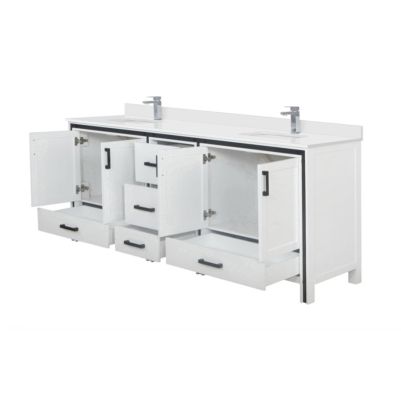 Ensemble de meuble-lavabo double avec comptoir en quartz blanc et robinet, Blanc