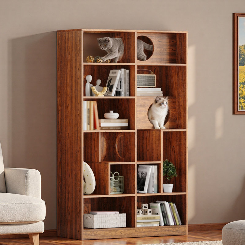 Modern Wood Bookshelf with Cat Tree, Brown