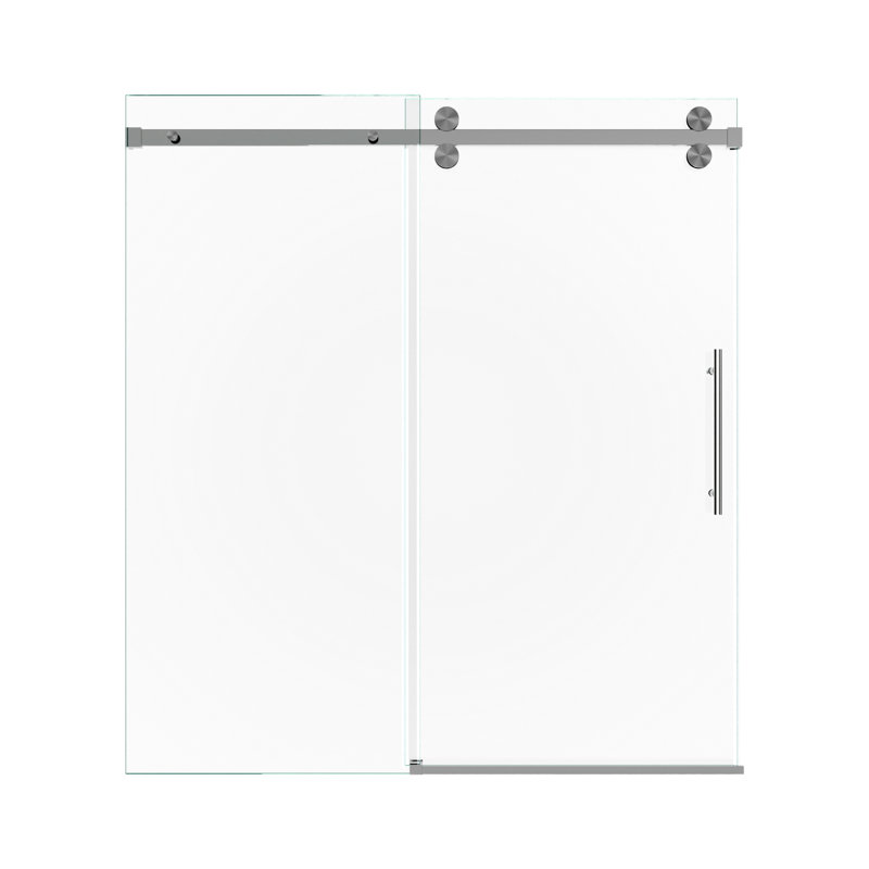 Enceinte de porte de douche de 56 à 60 po x H 60 po, verre trempé de 8 mm de 5/16 po, nickel brossé conçu pour les petits espaces, fonctionnement doux et silencieux, collision, fonction de barre à serviettes, rapide