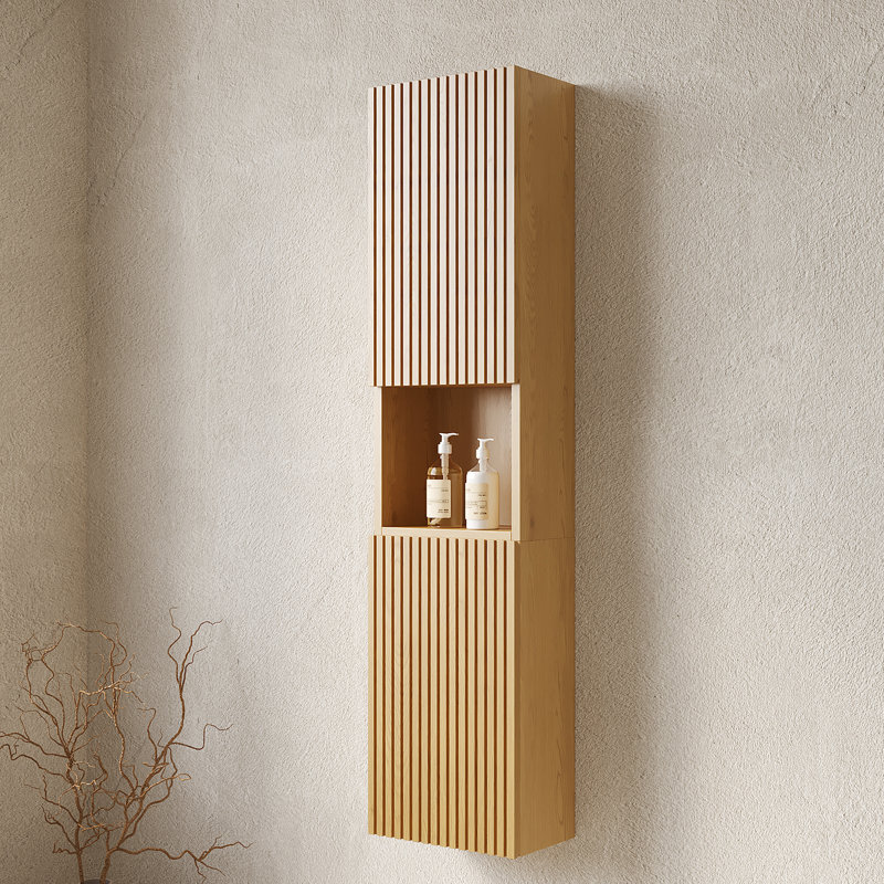Narrow 59" Tall Bathroom Cabinet - Wall Mounted With Doors And Shelves In Oak For Laundry Property