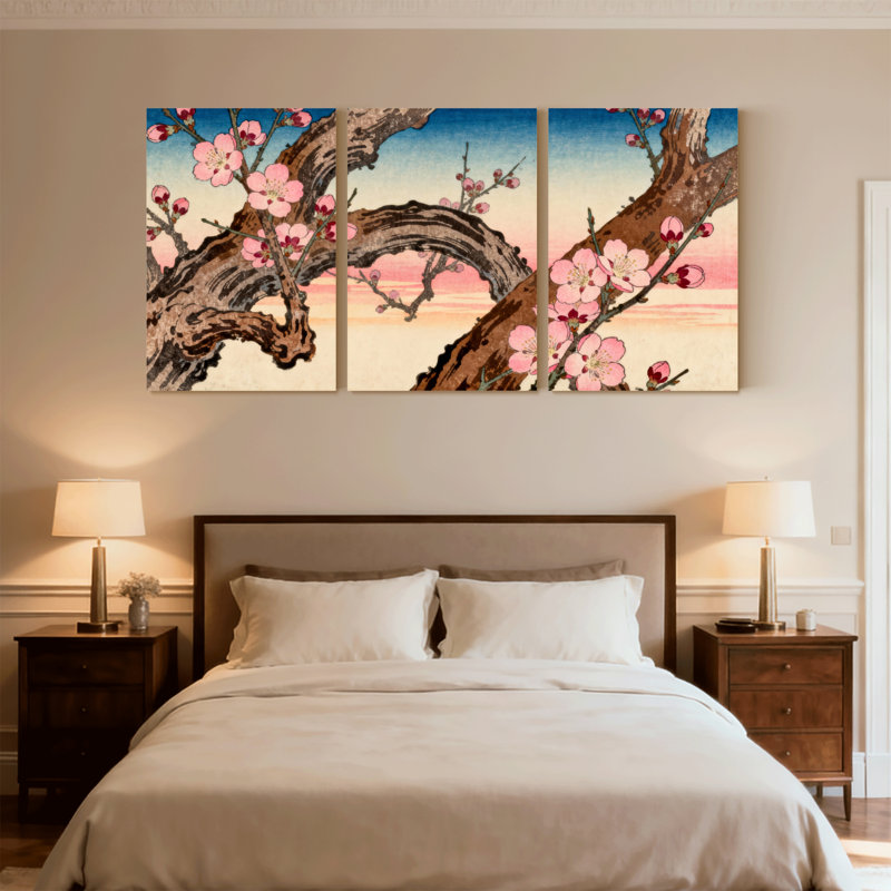 Ensemble de 3 impressions sur toile Cherry Blossom Branches Sunset Sky Reflection, H 18 po x l 36 po