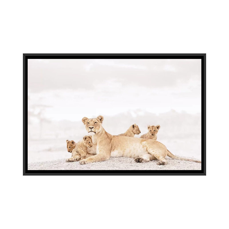 White Lioness & Cubs 1 Piece Wall Art on Canvas, 101.6 cm H x 66.04 cm W, Black Framed
