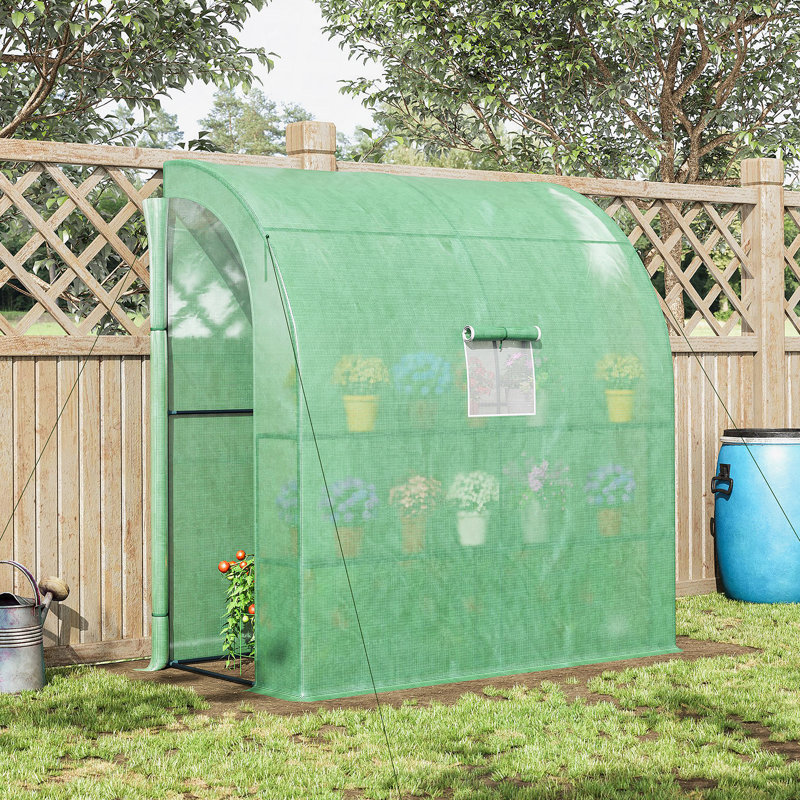 7' X 3' X 7' Lean To Greenhouse, Walk-In Green House, Plant Nursery With 2 Roll-Up Doors And Windows, PE Cover And 3 Wire Shelves, Green