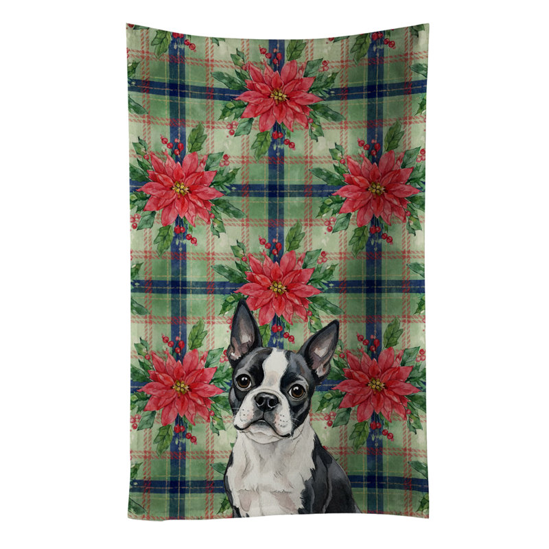 Boston Terrier Christmas PoinsettIas Kitchen Towel, Black/White Boston Terrier