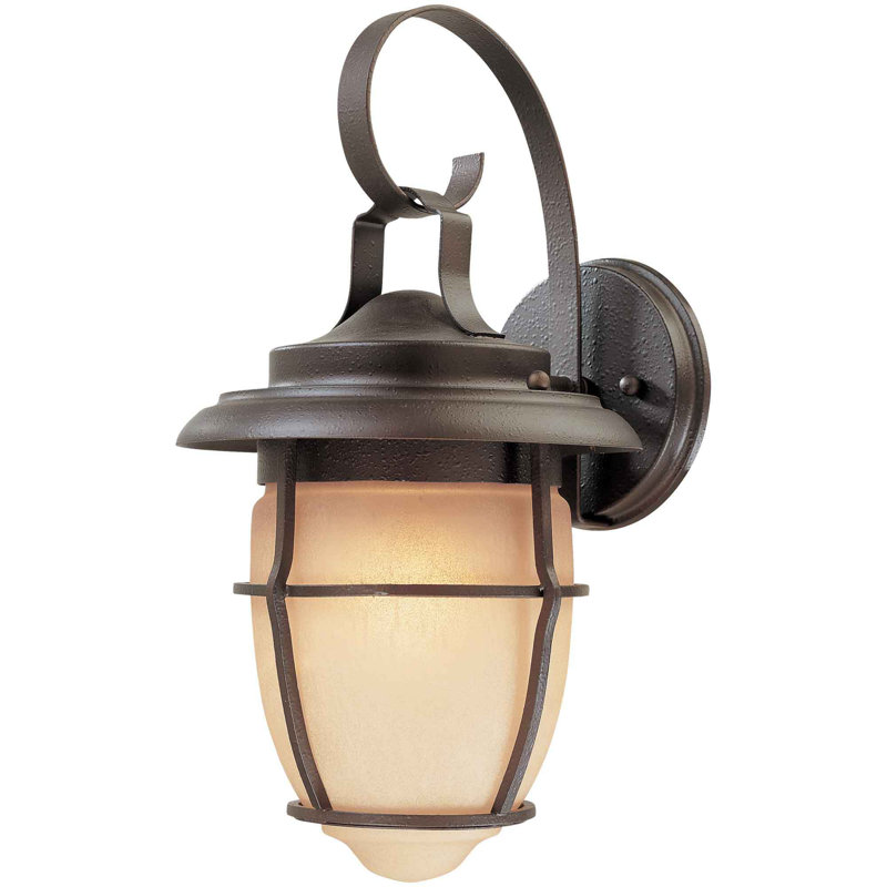 Holoman 1-Light Outdoor Textured Bronze Caged Acorn Shape Wall Sconce Wall Lantern with Sandstone Glass
