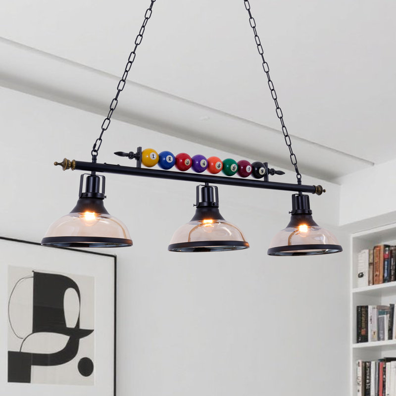 Luminaire suspendu pour table de billard industriel à 3 lumières avec cadre en métal noir et abat-jour en verre fumé, largeur 37,7 po