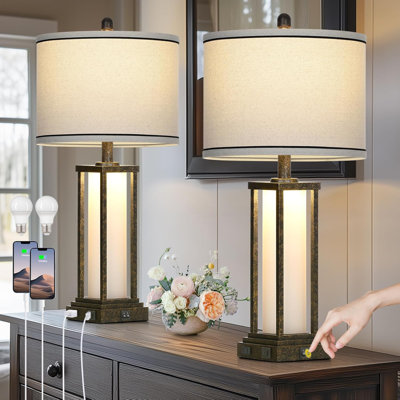 Vintage Industrial Table Lamp Set With USB C+A Ports And AC Outlet, Dual Lighting, Frosted Glass Night Light, And Linen Shade For Living Room, Bedroom, Or Office