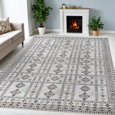 Aquinnah Solin Modern Diamond Border Washable Large Neutral Geometric Pattern Indoor Area Rug