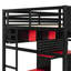 Lit mezzanine double en bois avec bureau, tablettes, lumières DEL, ports USB et panneau perforé, noir et rouge-886600301
