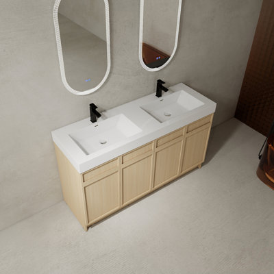 Meuble-lavabo autoportant de 60 po avec lavabo double en résine blanche et 4 portes d'armoire à fermeture en douceur (KD-Packing)
