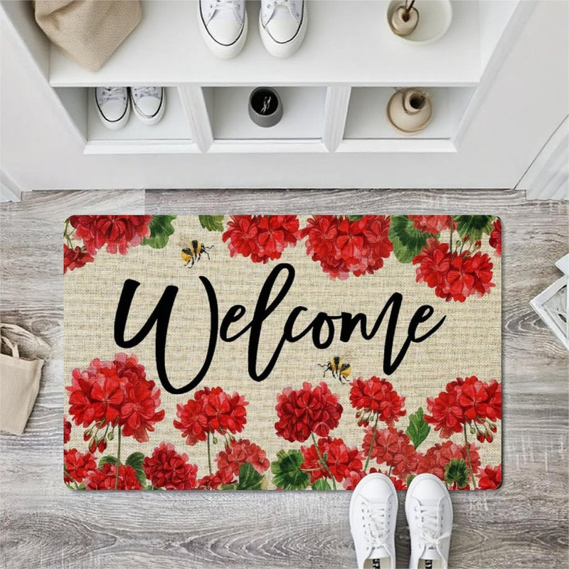 Geranium Bee Welcome Door Mat, For Front Door & Porch, 24" X 36", Red Beige