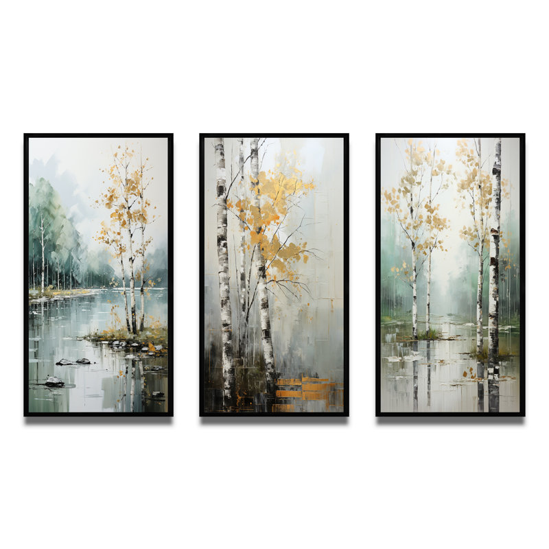 «Birch Woods Ethereal Elegance», 3 pièces, H 20 po x l 36 po, Cadre noir