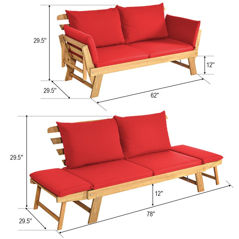 Lit de jour de patio en bois d'acacia avec coussins Alsa, Rouge
