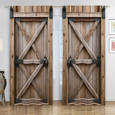 2Pcs Rustic Barn Door Print Curtain, Rod Pocket Mount, Digital Printing, Farmhouse Style, Suitable For Living Room, Bedroom, Kitchen, Dining, Home Decor