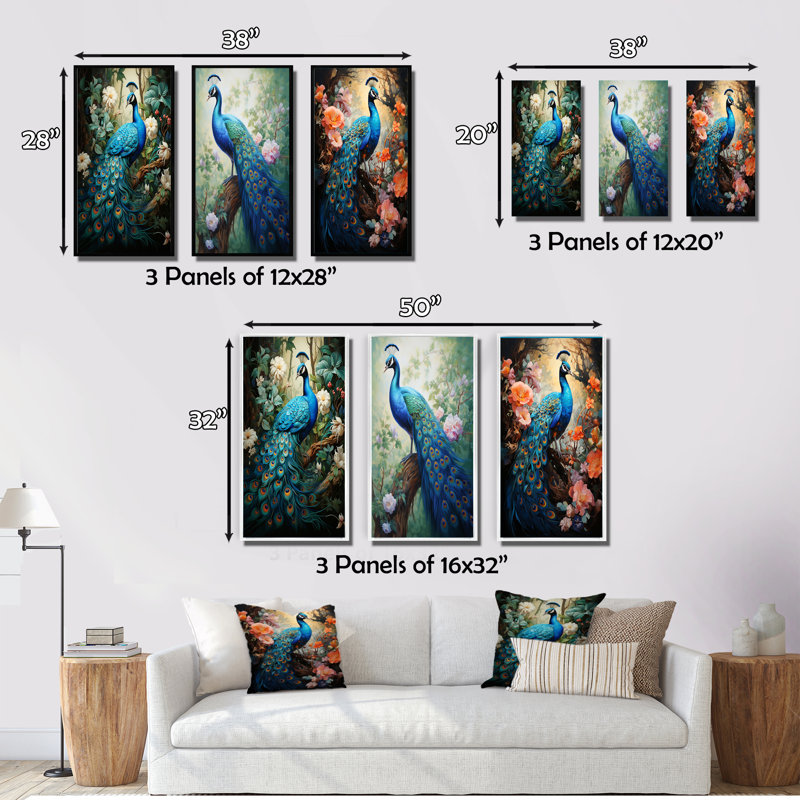 «Teal Peacock Monicol», 3 pièces sur toile, Cadre flottant noir, H 28 po x l 36 po