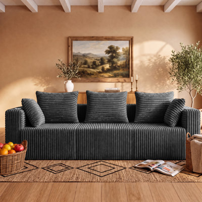 100''Dark Gray Corduroy Oversized 3-Seat Sofa Modular Couch with 2 Built-in Cup Holders & Side Storage Pockets