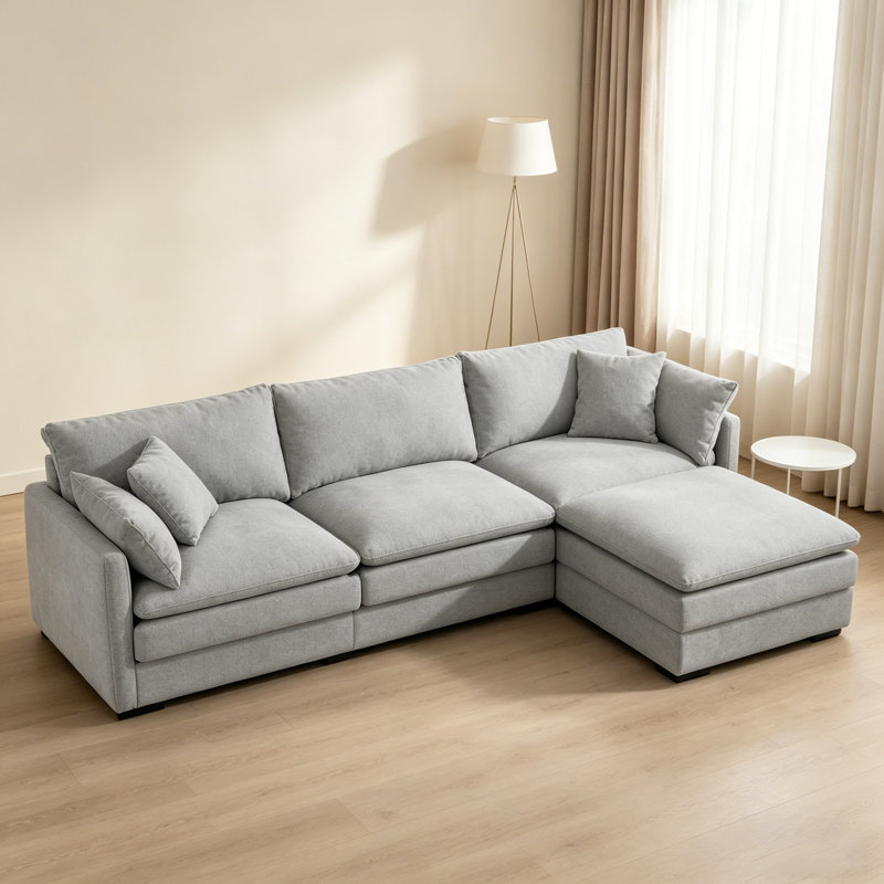 3-Seater Comfy Cloud Couches With Movable Ottoman, Gray