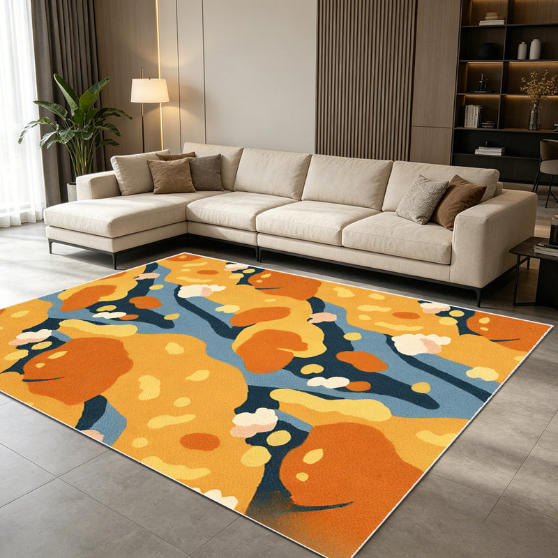 1PC Warm Terracotta Mustard Yellow Abstract Organic Wavy Pattern area rugs for Living Room, Soft and Comfortable, Suitable for all seasons, easy-to-maintain, machine washable Indoor floor mat, Under Table Farmhouse suitable for under dining table,