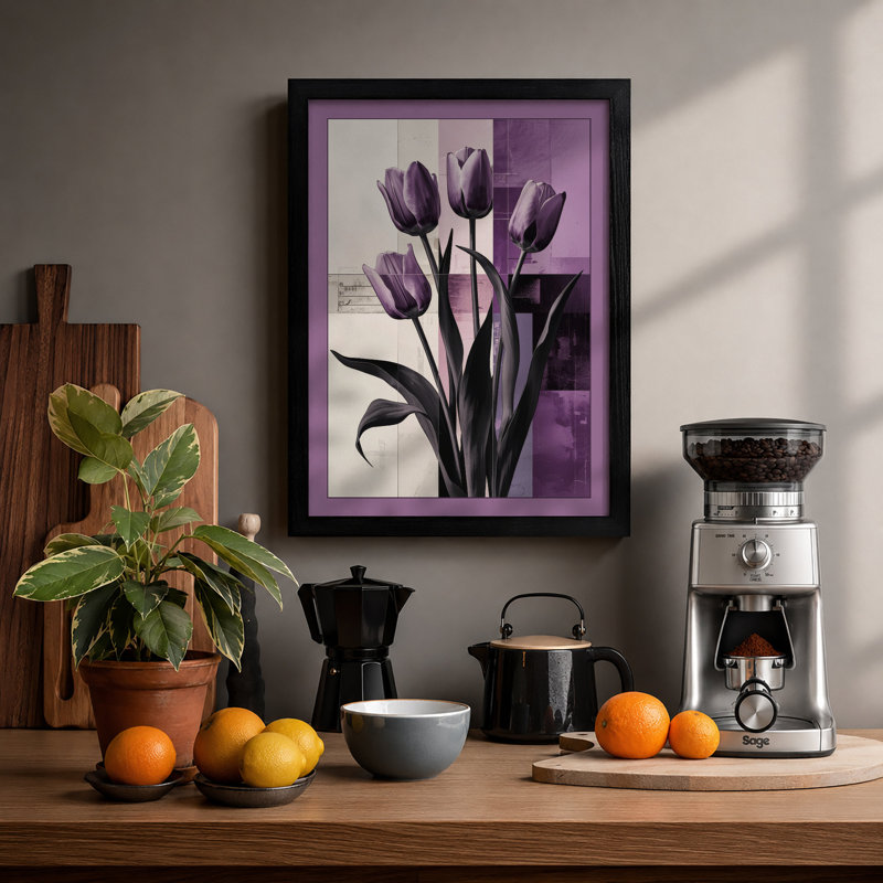 Dark Tulip Bouquet Botanical - Framed Print, A2 - 59.4 x 42.0 cm, Black