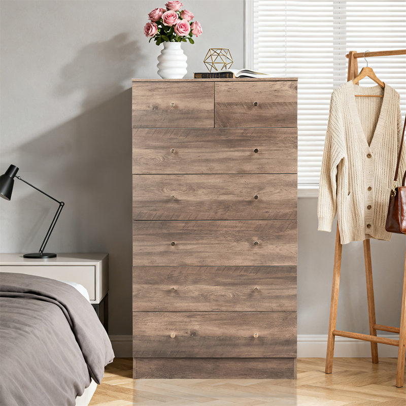 Modern Grey 7-Drawer Dresser With Rose Gold Handles – Wood Chest Of Drawers With Anti-Tip Device, For Bedroom, Living Room, Or Hallway