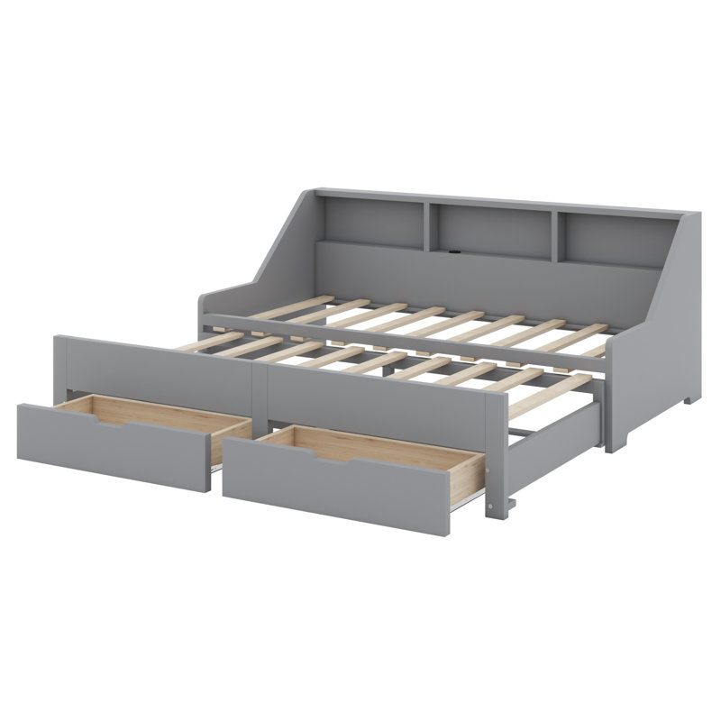Daybed Frame With Storage Bookcases And Two Drawers,Charging Design, Gray