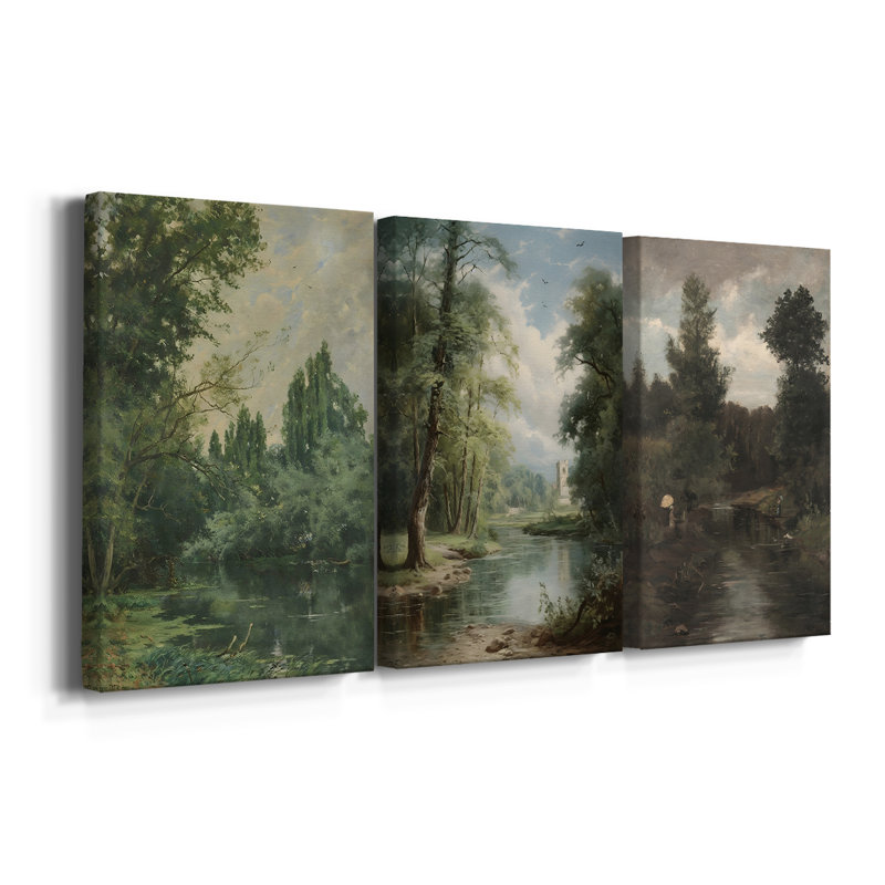 Paysage rétro CXCVII - Toile tendue avec châssis sur mesure - 3 pièces, H 18 po x l 36 po
