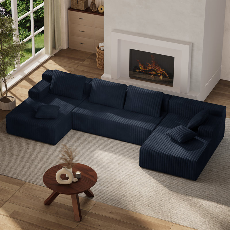 Canapé modulaire en forme de L de Boneless, Velours côtelé bleu marine