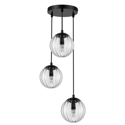 Kingston 3 Light Modern Clear Ribbed Glass Cluster Pendant Light - Matt Black Base, Black PVC power cord, 32x32x100cm, 3xE14. Max. 10W LED (Bulb not included)