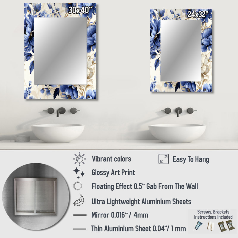 Cadres décoratifs bleu cobalt à motif victorien Ledbetter - miroir décoratif floral, miroir mural floral, impression d'art en métal