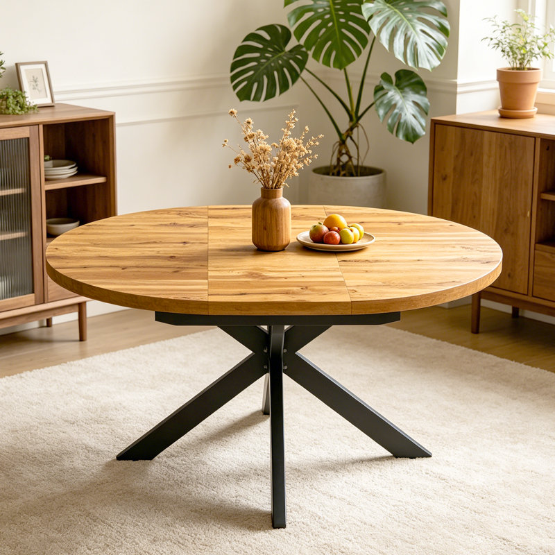 43"-59" Extendable Round Dining Table For 4-6, Mid Century Modern Wooden Round Table With Removable Leaves Space Saving Walnut