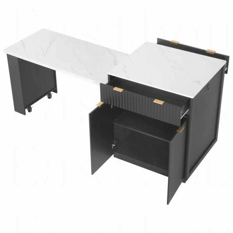Îlot de cuisine cannelé 82,6 po avec table de salle à manger extensible pour 4 à 6 personnes, table d'îlot de cuisine avec prise de courant, table de cuisine avec rangement double, 2 tiroirs et 2 tablettes ouvertes latérales, noir