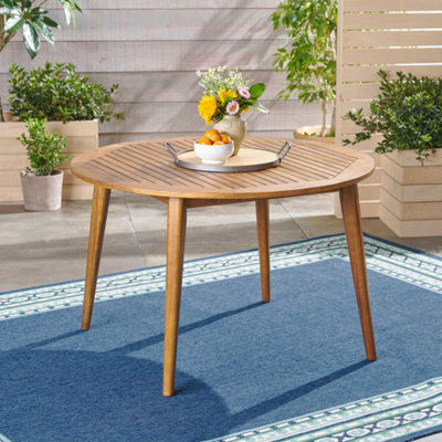 Table de salle à manger ronde 47,25 po en bois d'acacia avec finition en teck, table de patio moderne à lattes pour l'intérieur et l'extérieur