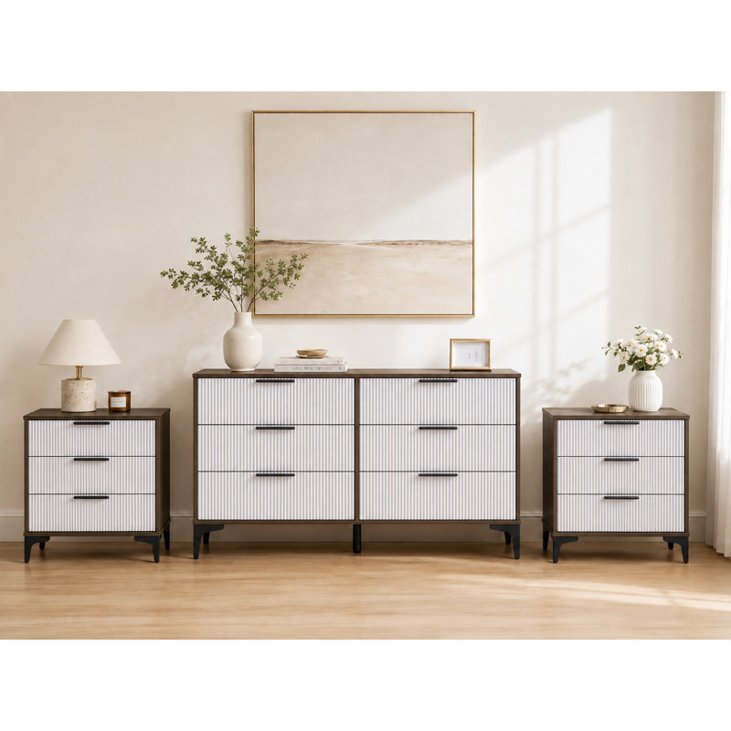 Ensemble de chambre à coucher 3 pièces, 1 commode et 2 tables de chevet, noyer et blanc