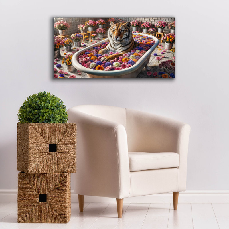 «Tiger In Flower Bath» par Rey Klimt, art mural sur toile, H 20 po x l 40 po